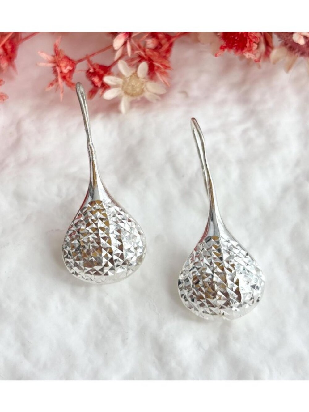 Teardrop Textured Ear Wire Vintage Sterling Silver 925 Dangling Drop Earrings